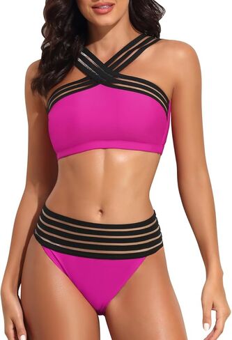 Hilor Women's Two Piece Bathing Suits Front Crossover Swimsuits Sexy Stripe Hollow High Waisted Bikini Swimwear in Kuwait