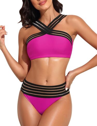 Hilor Women's Two Piece Bathing Suits Front Crossover Swimsuits Sexy Stripe Hollow High Waisted Bikini Swimwear in Kuwait
