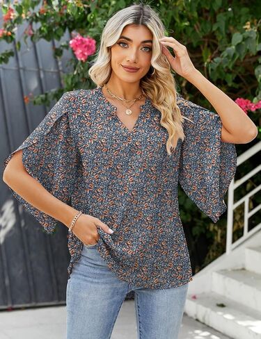 LUYAA Women's Casual Chiffon Blouse Tops 3/4 Ruffled Sleeve V Neck Loose Fit Blouses Shirts in Saudi Arabia
