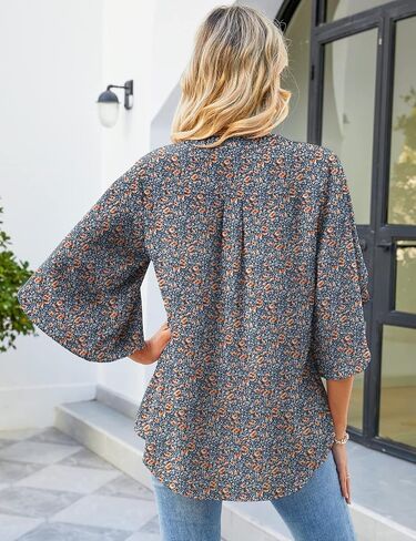 LUYAA Women's Casual Chiffon Blouse Tops 3/4 Ruffled Sleeve V Neck Loose Fit Blouses Shirts in Saudi Arabia