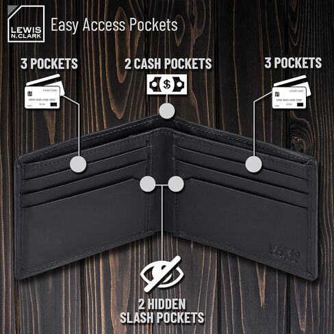 محفظة Lewis N. Clark من الجلد RFID للرجال، ملحقات السفر 6 فتحات لبطاقة الائتمان، كم لبطاقة الهوية، محفظة ثنائية الطي، أسود in Kuwait