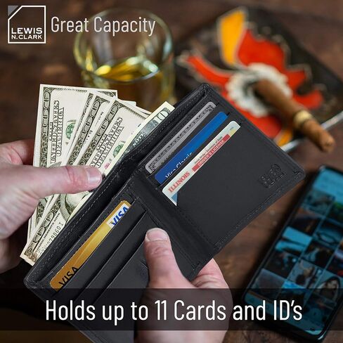 محفظة Lewis N. Clark من الجلد RFID للرجال، ملحقات السفر 6 فتحات لبطاقة الائتمان، كم لبطاقة الهوية، محفظة ثنائية الطي، أسود in Kuwait