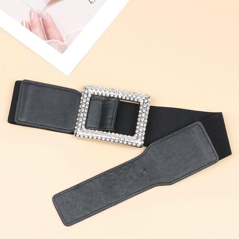 حزام خصر عريض مرن للنساء من وينكي، حزام خصر مطاطي رترو مع ابزيم من حجر الراين للفساتين والمعاطف - اسود، مقاس واحد, أسود, مقاس واحد in Kuwait