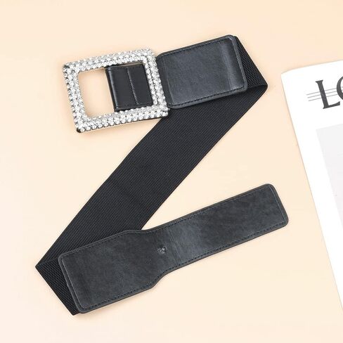 حزام خصر عريض مرن للنساء من وينكي، حزام خصر مطاطي رترو مع ابزيم من حجر الراين للفساتين والمعاطف - اسود، مقاس واحد, أسود, مقاس واحد in Kuwait