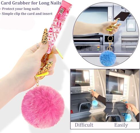 أداة التقاط البطاقات للأظافر الطويلة، 4 قطع من الأكريليك لسحب بطاقات الائتمان وأجهزة الصراف الآلي ومشابك لبطاقات السحب الآلي مع سلسلة مفاتيح كرة بوم بوم، أداة دفع للتباعد الاجتماعي بدون لمس، هدايا عيد الحب للنساء والفتيات in Kuwait