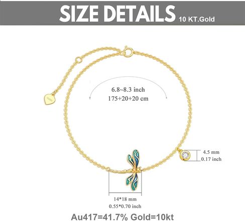 SISGEM Real 10k Gold Dragonfly Bracelet for Women, Solid 10 Karat Gold Animal Lover Wrist Jewelry Gifts for Her, 6.8"+0.8"+0.8" in Saudi Arabia