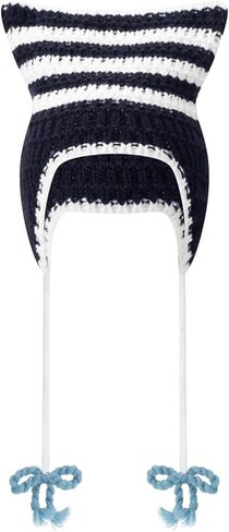 Yoawdats Crochet Knit Hats for Women Cute Cat Ear Grunge Goth Autumn Winter Soft Warm Ear Protector Y2K Drawstrings Beanies in Saudi Arabia