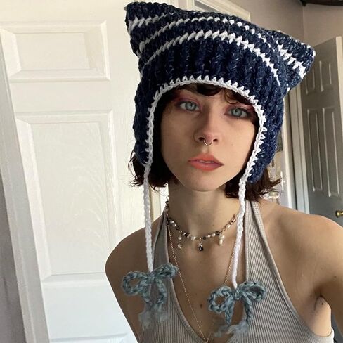 Yoawdats Crochet Knit Hats for Women Cute Cat Ear Grunge Goth Autumn Winter Soft Warm Ear Protector Y2K Drawstrings Beanies in Saudi Arabia