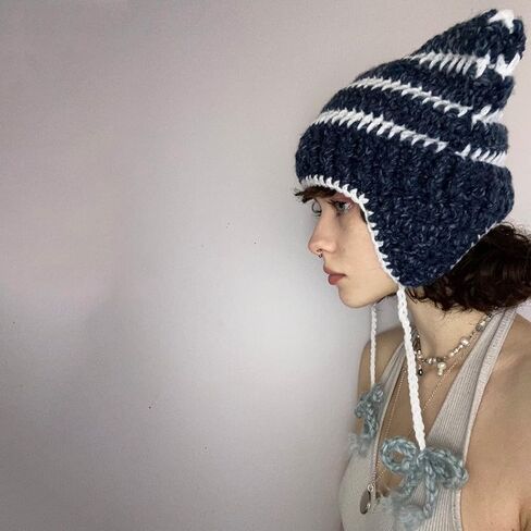Yoawdats Crochet Knit Hats for Women Cute Cat Ear Grunge Goth Autumn Winter Soft Warm Ear Protector Y2K Drawstrings Beanies in Saudi Arabia