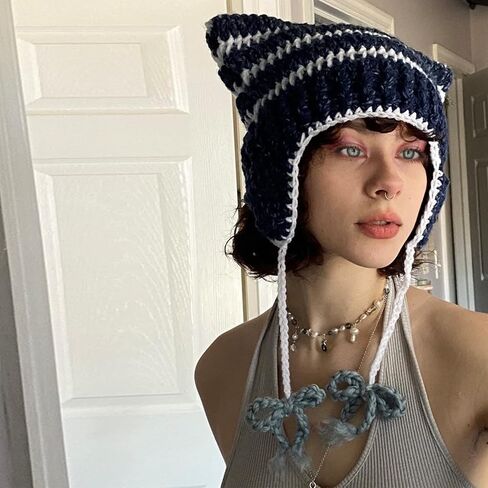 Yoawdats Crochet Knit Hats for Women Cute Cat Ear Grunge Goth Autumn Winter Soft Warm Ear Protector Y2K Drawstrings Beanies in Saudi Arabia