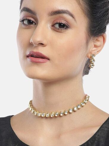 بريااسي طقم مجوهرات نحاسي قصير مطلي بالذهب وقلادة للبنات والنساء (ياقوت) (ذهبي), Short, مطلي بالذهب, كوندان in Kuwait