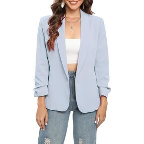 Womens Blazer Ruched Sleeve Shawl Lapel Suit Blazers Jackets with Pockets for Women Business Casual and Work Office