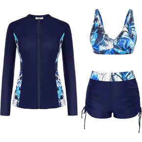 JASAMBAC Women 3 Piece Rash Guard Long Sleeve Zip Up Swimsuits with Boyshort UV UPF 50+ Swim Shirt Built in Bra