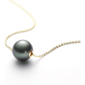 18K Gold Tahitian Black Pearl Necklace for Women, 10-11mm Tahitian Seawater Cultured Floating Single Pearl Pendant with Sterling Silver Chain Jewelry Gifts for Mom Wife Daughter