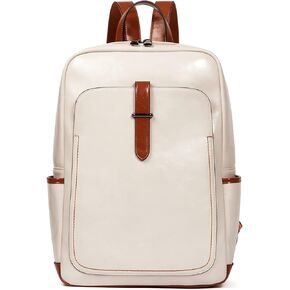 BROMEN Leather Laptop Backpack for Women 15.6 inch Computer Backpack Business Travel Professional Work Daypack College Bag Beige