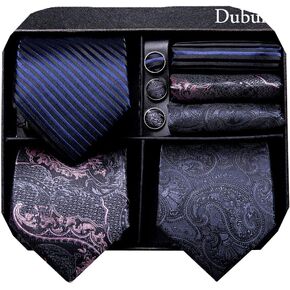Dubulle Lot 3 PCS Classic Men's Silk Tie Set Paisley Stripe Necktie for Men Pocket Square Gift Box Multiple Sets