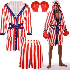 Yahenda 3 Pcs Adult Satin American Flag Boxing Costume Set Men's Satin Boxing Robes Adult Hooded Boxing Costume with Shorts and Cloak Hooded Boxing Punching Gloves for Halloween Cosplay Boxer Cloak in Saudi Arabia