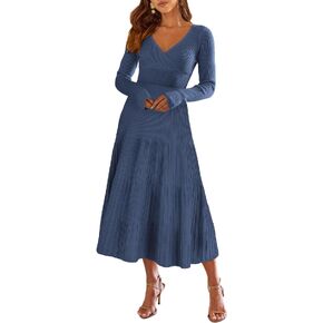 ANRABESS Women's Wrap Midi Sweater Dresses Long Sleeve V Neck High Waist Ribbed Knit Pleated A-Line Dress