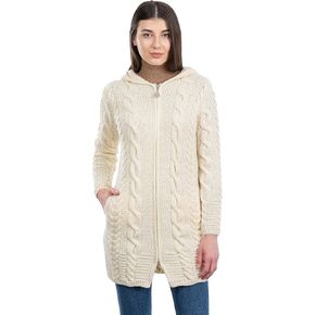 معطف أيرلندي من SAOL 100% من صوف ميرينو أران بغطاء للرأس وسحاب