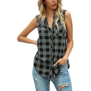JECHOOSE Women's Sleeveless Button Down V Neck Casual Plaid Shirts Tank Tops Blouse