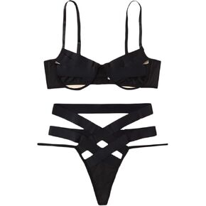 WDIRARA Women's Floral Embroidery Sheer Mesh Ruffle Harness Lingerie Set