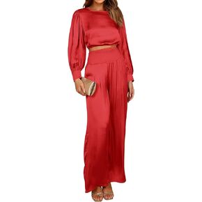 Dowerme المرأة قطعتين ملابس الساتان عادية Crewneck نفخة كم طويل المحاصيل القمم طويلة واسعة الساق بالازو بانت مجموعات 2023 in Kuwait