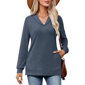 KTILG Womens Cotton V Neck Tunic for Legging with Pockets Long Sleeve Tops Collared Loose Fit Soft Casual Shirts Side Split