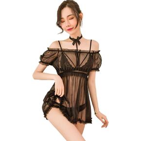 Women Lingerie Sexy Lingerie Lace Hanging Neck Bikini Puff Sleeve Princess Cosplay Lingerie Nightdress Set