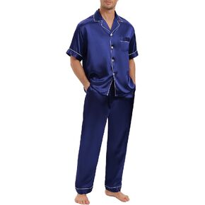 AUECK Satin Silk Pajama Set for Women Mens Short Sleeve Classic Sleepwear Couple Button Down Loungewear with Long Pants S-XXL