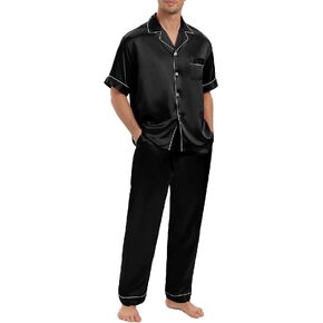AUECK Satin Silk Pajama Set for Women Mens Short Sleeve Classic Sleepwear Couple Button Down Loungewear with Long Pants S-XXL
