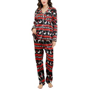 Wafatliotn Silk Satin Christmas Pajamas Set for Women Long Sleeve Holiday Sleepwear Soft Lounge Xmas Pjs