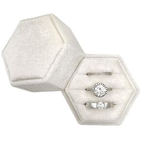 Hexagon Ring Box 3 Slots - Velvet Premium Wedding Ring Bearer Box Handmade Vintage Three Rings Holder for Proposal Engagement Ceremony Christmas Photography (Beige)