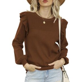 DEEP SELF Womens Long Sleeve Sweaters Ruffle Sweater for Women Casual Fall Sweatshirts Cozy Knit Pullover Sweater Tops
