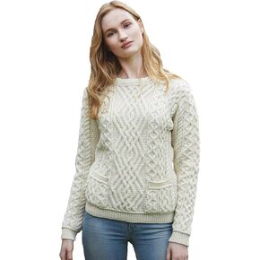 Aran Crafts Women's Irish Cable Knitted 2 Pocket Sweater (100% Merino Wool)