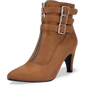 IDIFU Women's Buckle Strap Ankle Booties 3 Inch Pointed Toe Zipper Heels Dress Jeans Boots