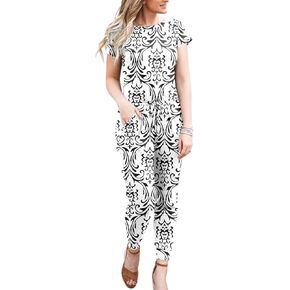 DouBCQ Womens Casual Short Sleeve Jumpsuits Elastic Waist Jumpsuit with Pockets