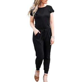 DouBCQ Womens Casual Short Sleeve Jumpsuits Elastic Waist Jumpsuit with Pockets
