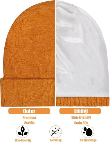 Winter Satin Lined Beanie Hat Silk Lined Beanies Cuffed Plain Skull Hat Knitted Watch Hat Winter Warm Beanies for Women Men in Kuwait