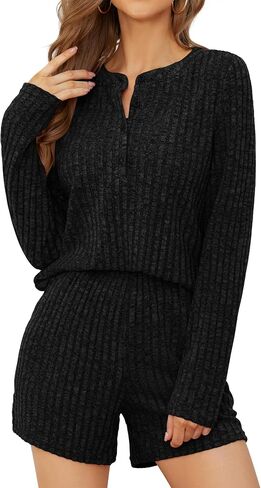Micoson Womens Pajama Sets Fuzzy Knit 2 Piece Long Sleeve Sleepwear & Shorts Loungewear with Pockets in Saudi Arabia