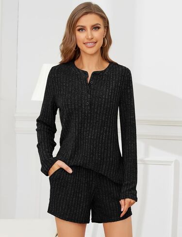 Micoson Womens Pajama Sets Fuzzy Knit 2 Piece Long Sleeve Sleepwear & Shorts Loungewear with Pockets in Saudi Arabia