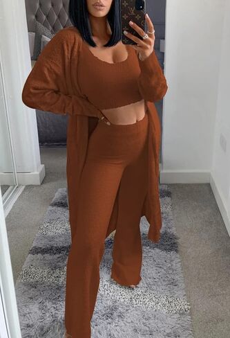 أطقم صالة نسائية من TOLENY مكونة من 3 قطع بدلات رياضية مفتوحة من الأمام سترة قصيرة بدون أكمام وأرجل واسعة وسراويل ملابس in Kuwait