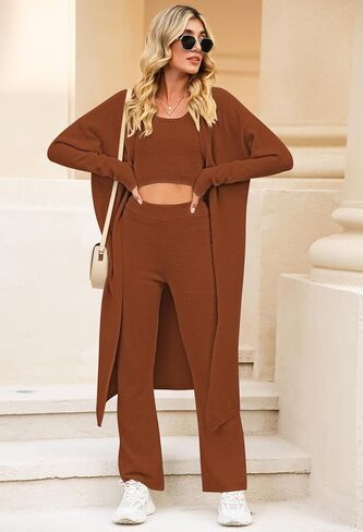 أطقم صالة نسائية من TOLENY مكونة من 3 قطع بدلات رياضية مفتوحة من الأمام سترة قصيرة بدون أكمام وأرجل واسعة وسراويل ملابس in Kuwait