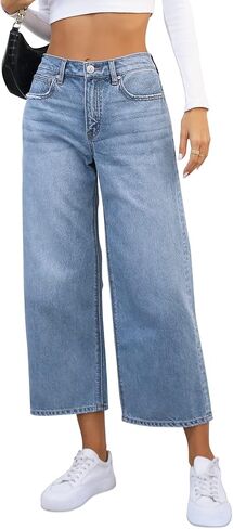 OFLUCK Women High Waisted Wide Leg Baggy Jeans,90s Boyfriend Jeans with Pockets in Kuwait