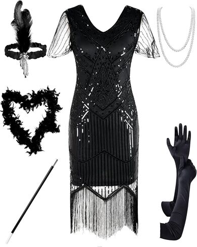 PrettyGuide Women's 1920s Flapper Dress Short Sleeve Glitter Sequin Inspired Fringed Party Cocktail Dresses in Kuwait