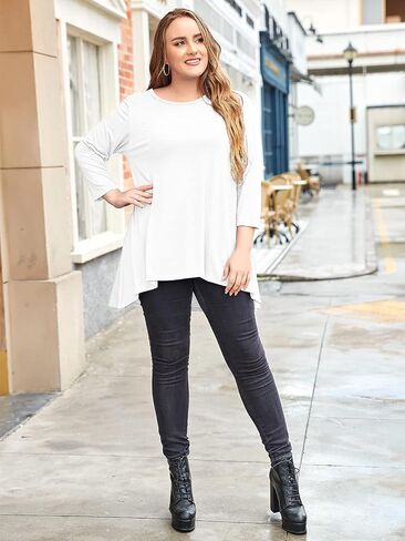 LARACE Womens Plus Size 3/4 Sleeve Loose Fit Flare Swing Tunic Tops Floral High Low Basic T Shirt in Kuwait