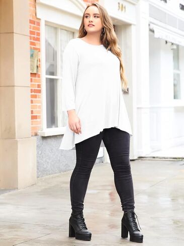 LARACE Womens Plus Size 3/4 Sleeve Loose Fit Flare Swing Tunic Tops Floral High Low Basic T Shirt in Kuwait