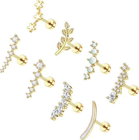 Jstyle 8 Pcs 16G 316L Stainless Steel Cartilage Stud Earring Set for Women Girls Opal CZ Leaf Bar Flat Screw Back Conch Helix Daith Piercing Jewelry in Kuwait