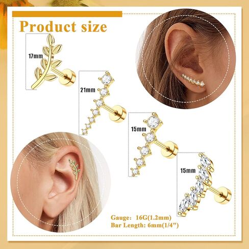 Jstyle 8 Pcs 16G 316L Stainless Steel Cartilage Stud Earring Set for Women Girls Opal CZ Leaf Bar Flat Screw Back Conch Helix Daith Piercing Jewelry in Kuwait