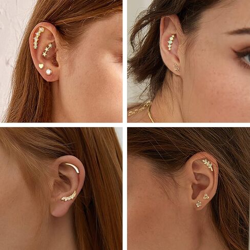 Jstyle 8 Pcs 16G 316L Stainless Steel Cartilage Stud Earring Set for Women Girls Opal CZ Leaf Bar Flat Screw Back Conch Helix Daith Piercing Jewelry in Kuwait