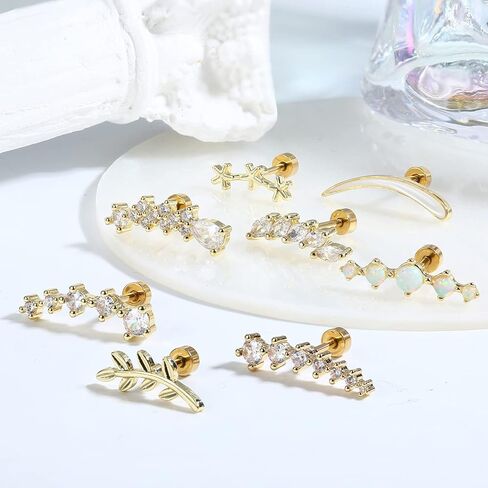 Jstyle 8 Pcs 16G 316L Stainless Steel Cartilage Stud Earring Set for Women Girls Opal CZ Leaf Bar Flat Screw Back Conch Helix Daith Piercing Jewelry in Kuwait